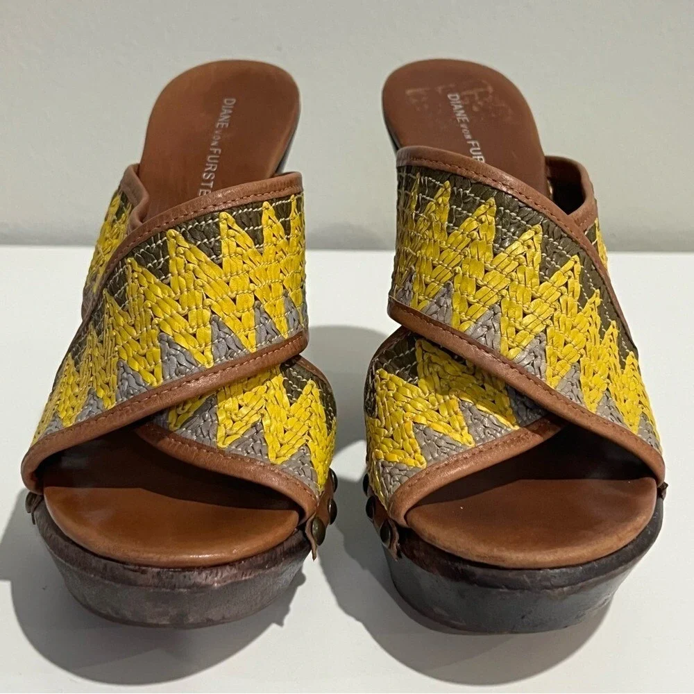 Diane Von Furstenberg Yellow‎ Woven Strap Platform Wood Wedge Sandals Sz 5.5